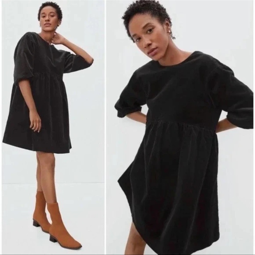 Everlane The Corduroy Black Puff Sleeve Cotton Blend Babydoll Mini Dress size S